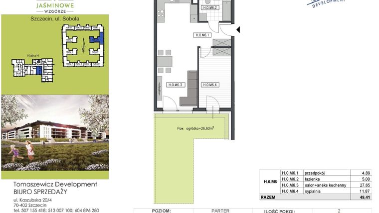 Rzut - Mieszkanie na sprzedaż 2 pokoje o powierzchni 49,41 m² - numer H0M6 w Jaśminowe Wzgórze - etap II