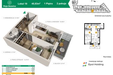 Rzut - Mieszkanie na sprzedaż 2 pokoje o powierzchni 40,83 m² - numer M19 w Moja Skawina
