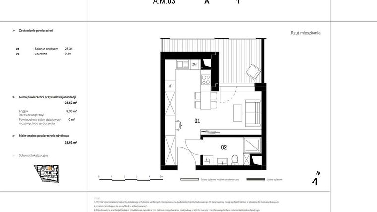 Rzut - Mieszkanie na sprzedaż 1 pokój o powierzchni 28,74 m² - numer A.M.03 w VIDOK