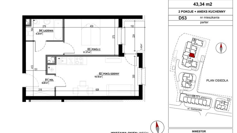 Rzut - Mieszkanie na sprzedaż 2 pokoje o powierzchni 43,34 m² - numer D.53 w Garbarska Urban Koncept