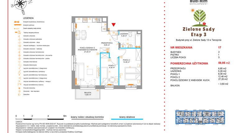 Rzut - Mieszkanie na sprzedaż 3 pokoje o powierzchni 59,95 m² - numer 17 w Zielone Sady etap III B2