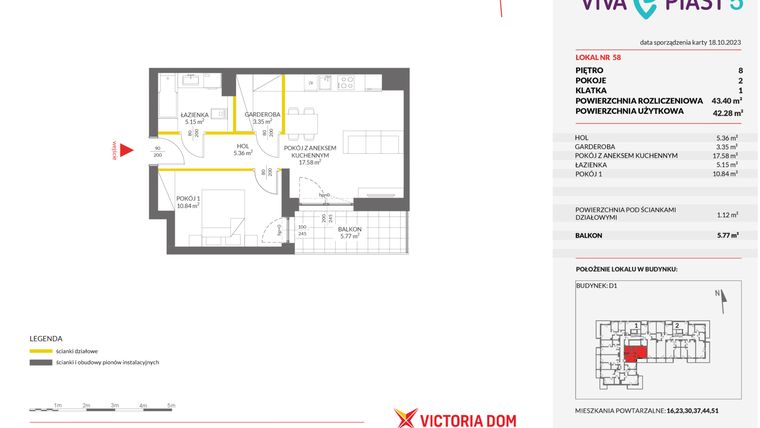 Rzut - Mieszkanie na sprzedaż 2 pokoje o powierzchni 43,33 m² - numer A.58 w Viva Piast 5