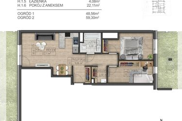 Rzut - Mieszkanie na sprzedaż 3 pokoje o powierzchni 60,65 m² - numer H1 w Osiedle Parkowe