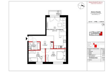 Rzut - Mieszkanie na sprzedaż 3 pokoje o powierzchni 60,78 m² - numer 8 w Czynu Społecznego 65E