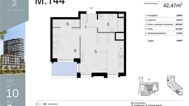 Rzut - Mieszkanie na sprzedaż 2 pokoje o powierzchni 42,47 m² - numer M144 w Sky Trust etap II