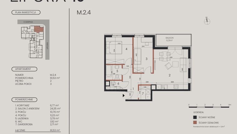 Rzut - Mieszkanie na sprzedaż 3 pokoje o powierzchni 61,53 m² - numer M.2.4 w Lipowa 43