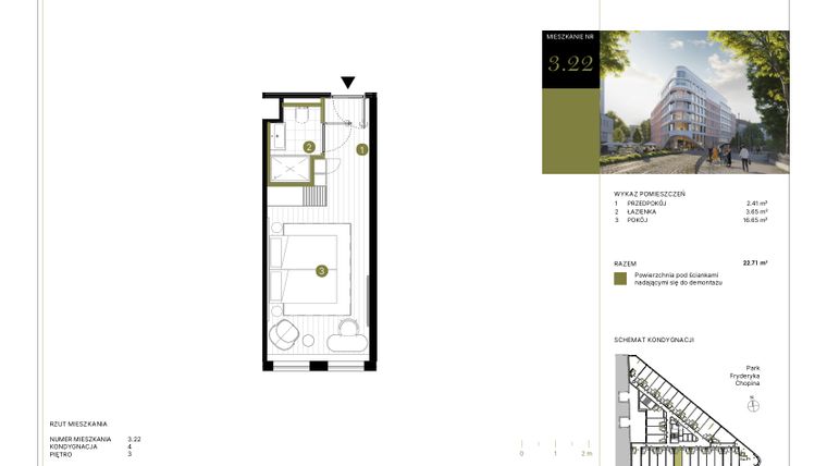 Rzut - Mieszkanie na sprzedaż 1 pokój o powierzchni 22,55 m² - numer 322 w Y3 Signature Hotel