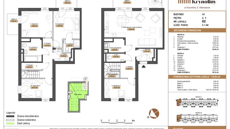 Rzut - Mieszkanie na sprzedaż 5 pokoi o powierzchni 118,56 m² - numer 02.A1 w Apartamenty Krynoliny
