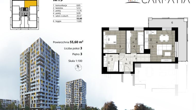 Rzut - Mieszkanie na sprzedaż 3 pokoje o powierzchni 55,6 m² - numer A2.19 w Osiedle Carpatia Etap II