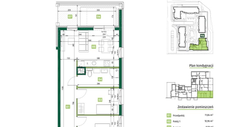 Rzut - Mieszkanie na sprzedaż 3 pokoje o powierzchni 56,25 m² - numer 9B.4 w Zielona Przystań etap III