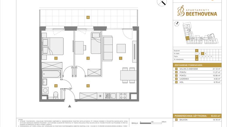 Rzut - Mieszkanie na sprzedaż 3 pokoje o powierzchni 53,63 m² - numer A48 w Apartamenty Beethovena