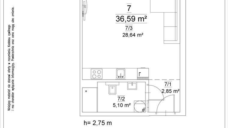 Rzut - Mieszkanie na sprzedaż 1 pokój o powierzchni 36,59 m² - numer 7 w Osiedle Teatralne 19