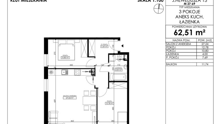 Rzut - Mieszkanie na sprzedaż 3 pokoje o powierzchni 62,51 m² - numer JAR-II-B-LM-M65 w Osiedle JAR Heweliusza etap II