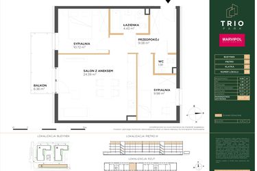 Rzut - Mieszkanie na sprzedaż 3 pokoje o powierzchni 60,51 m² - numer C038 w Trio Park bud. C