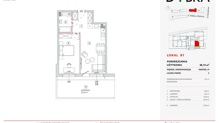 Rzut - Mieszkanie na sprzedaż 2 pokoje o powierzchni 48,13 m² - numer B07 w Dobka