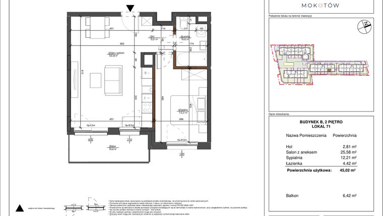 Rzut - Mieszkanie na sprzedaż 2 pokoje o powierzchni 45,05 m² - numer 71 w Aura Mokotów II