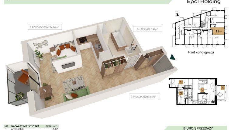 Rzut - Mieszkanie na sprzedaż 1 pokój o powierzchni 35,24 m² - numer B1.M11 w Tutaj Bunscha