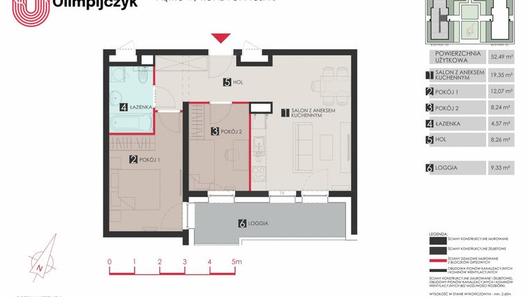 Rzut - Mieszkanie na sprzedaż 3 pokoje o powierzchni 52,99 m² - numer D22 w Osiedle Olimpijczyk II etap