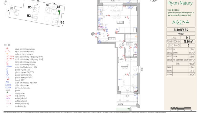 Rzut - Mieszkanie na sprzedaż 2 pokoje o powierzchni 48,8 m² - numer B5M1 w Rytm Natury