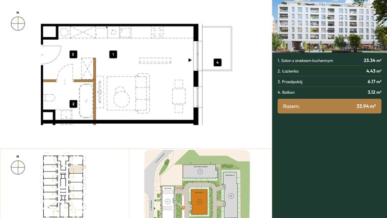 Rzut - Mieszkanie na sprzedaż 1 pokój o powierzchni 33,94 m² - numer 2.M4.12 w Wierzbowa 20