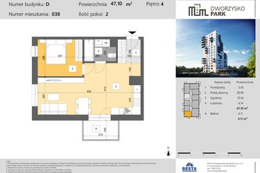 Rzut - Mieszkanie na sprzedaż 2 pokoje o powierzchni 47,1 m² - numer 38 w Dworzysko Park - Etap III