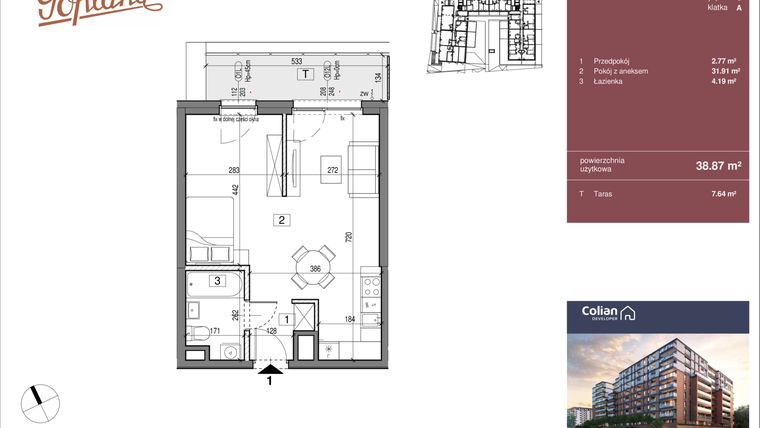 Rzut - Mieszkanie na sprzedaż 1 pokój o powierzchni 38,87 m² - numer G1/1 w Goplana budynek G