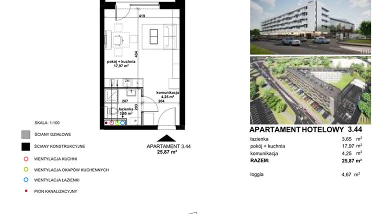 Rzut - Mieszkanie na sprzedaż 1 pokój o powierzchni 25,79 m² - numer 3.44 w Apartamentowiec Zwycięska 3 - inwestycyjne