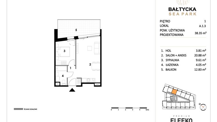Rzut - Mieszkanie na sprzedaż 2 pokoje o powierzchni 38,35 m² - numer A.1.3 w Bałtycka Sea Park