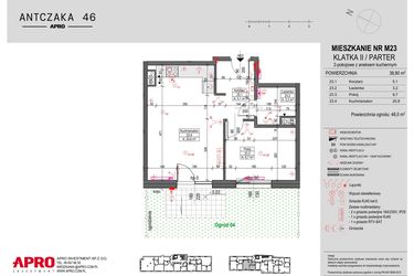 Rzut - Mieszkanie na sprzedaż 2 pokoje o powierzchni 38,8 m² - numer M23 w Antczaka 46