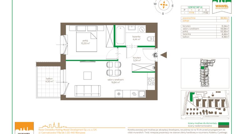 Rzut - Mieszkanie na sprzedaż 2 pokoje o powierzchni 36,92 m² - numer F/14 w Ostródzka 123 - III etap
