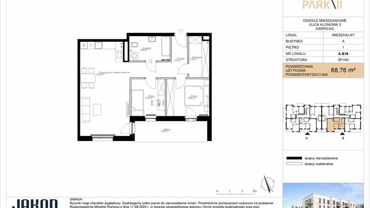 Rzut - Mieszkanie na sprzedaż 3 pokoje o powierzchni 68,76 m² - numer A.B18 w Merano Park II