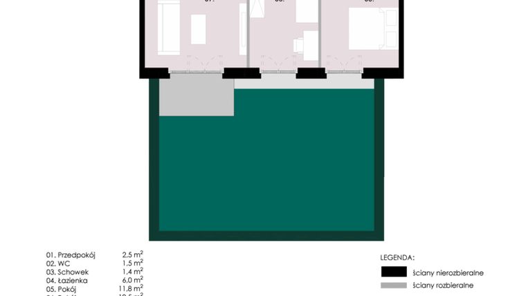 Rzut - Mieszkanie na sprzedaż 3 pokoje o powierzchni 63,54 m² - numer M0.02 w Wola Vert