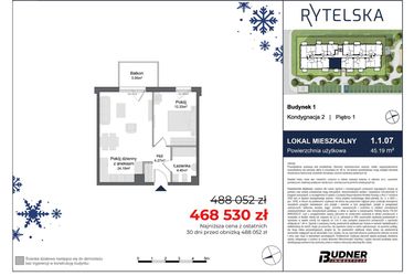 Rzut - Mieszkanie na sprzedaż 2 pokoje o powierzchni 45,19 m² - numer 1.1.07 w Rytelska
