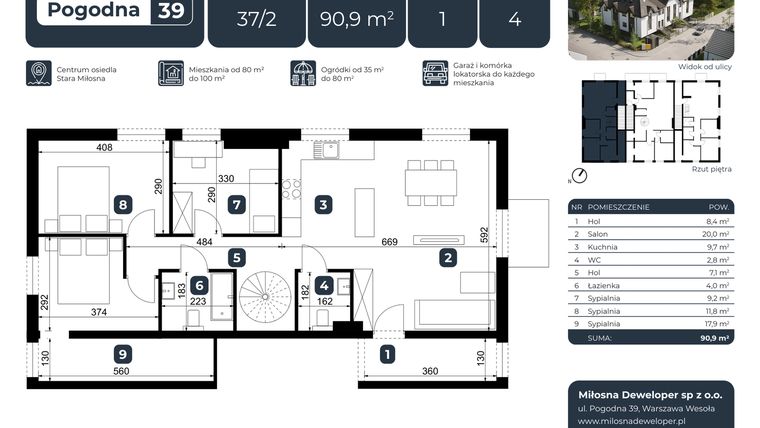 Rzut - Mieszkanie na sprzedaż 4 pokoje o powierzchni 87 m² - numer 37/2 w Pogodna 39