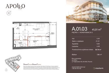Rzut - Mieszkanie na sprzedaż 2 pokoje o powierzchni 41,01 m² - numer A.1.03 w Apollo Residence