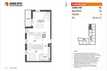 Rzut - Mieszkanie na sprzedaż 3 pokoje o powierzchni 63,11 m² - numer C8.41 w Konstelacja etap IV