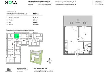 Rzut - Mieszkanie na sprzedaż 2 pokoje o powierzchni 31,01 m² - numer L.U. 11 w Nova Radiostacja - apartamenty inwestycyjne