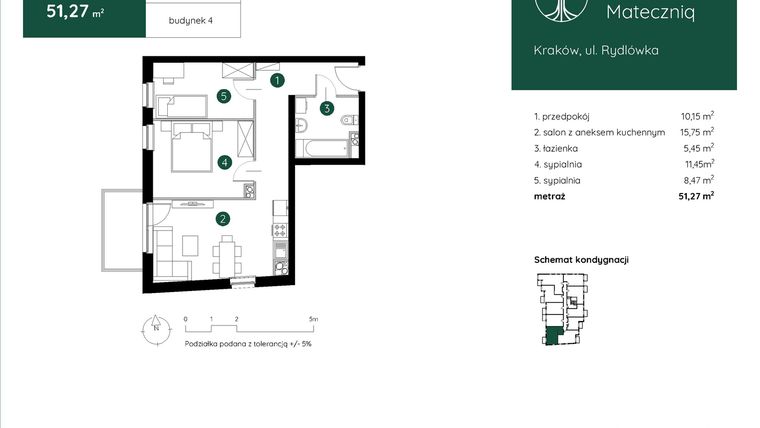 Rzut - Mieszkanie na sprzedaż 3 pokoje o powierzchni 51,27 m² - numer 4.A.1.04 w Murapol Mateczniq