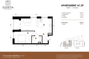 Rzut - Mieszkanie na sprzedaż 2 pokoje o powierzchni 42,5 m² - numer A 1.29 w Apartamenty Sudetia