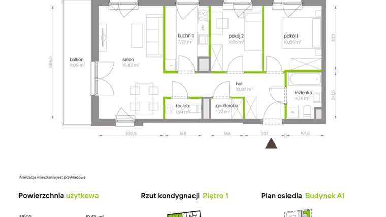 Rzut - Mieszkanie na sprzedaż 3 pokoje o powierzchni 63,65 m² - numer A1.1A4 w Bemowo Vita