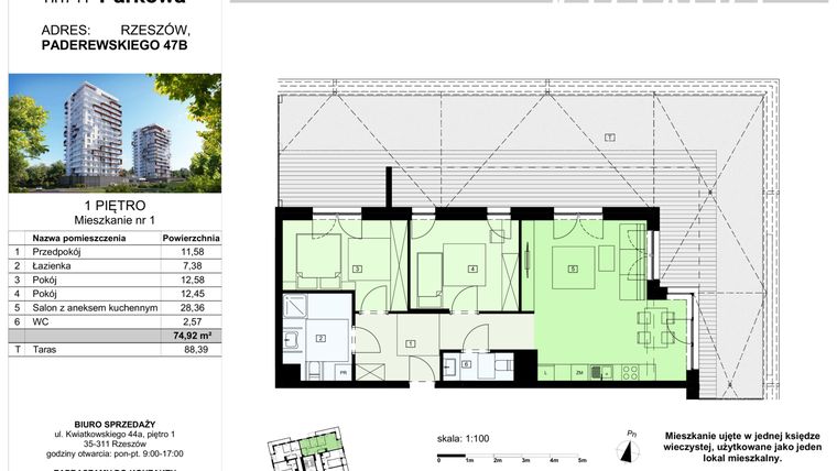 Rzut - Mieszkanie na sprzedaż 3 pokoje o powierzchni 74,75 m² - numer 1/B7 w Dzielnica Parkowa VII