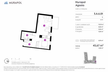 Rzut - Mieszkanie na sprzedaż 1 pokój o powierzchni 43,67 m² - numer 3.A.6.01 w Murapol Agosto