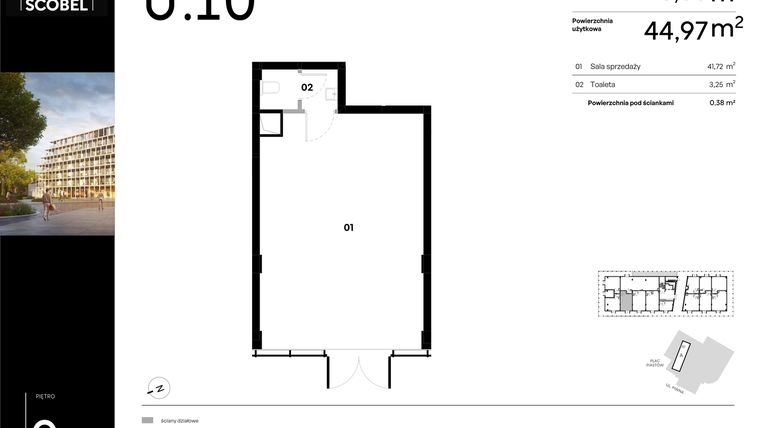 Rzut - Lokal użytkowy na sprzedaż 1 pokój o powierzchni 45,35 m² - numer U.10 w Browar HUGO SCOBEL