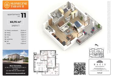 Rzut - Mieszkanie na sprzedaż 3 pokoje o powierzchni 60,75 m² - numer 11 w Słoneczne Tarasy II