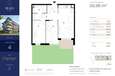 Rzut - Mieszkanie na sprzedaż 3 pokoje o powierzchni 53,95 m² - numer B4M4 w Plaza City