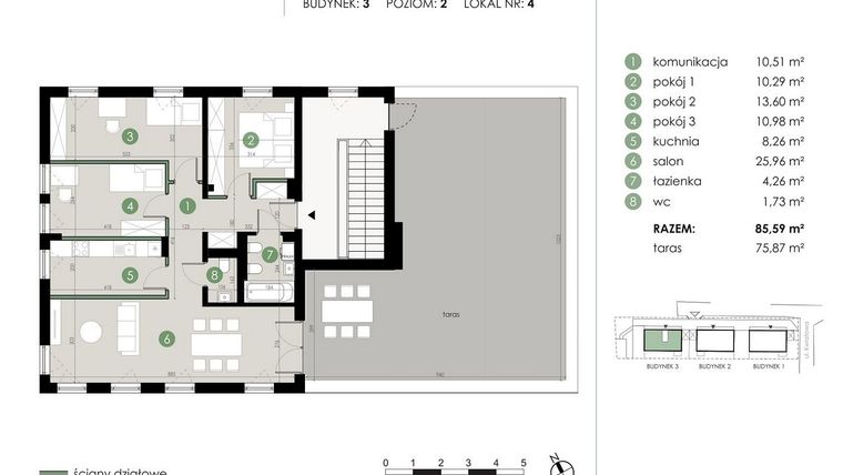 Rzut - Mieszkanie na sprzedaż 2 pokoje o powierzchni 85,59 m² - numer 3.4. w Osiedle Kwiatowa