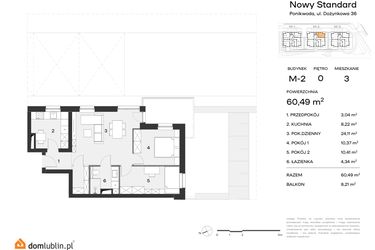 Rzut - Mieszkanie na sprzedaż 3 pokoje o powierzchni 60,49 m² - numer M2.3 w Nowy Standard
