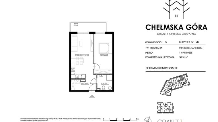 Rzut - Mieszkanie na sprzedaż 2 pokoje o powierzchni 50,58 m² - numer C-9B-M5 w Chełmska Góra