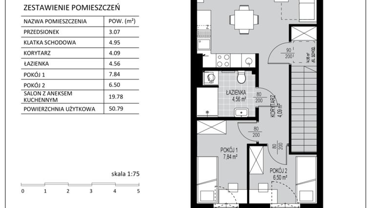 Rzut - Mieszkanie na sprzedaż 3 pokoje o powierzchni 50,79 m² - numer C12 w Kowalove etap 2