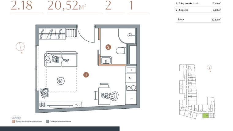 Rzut - Mieszkanie na sprzedaż 1 pokój o powierzchni 20,52 m² - numer 2.18 w Starowiejska 3